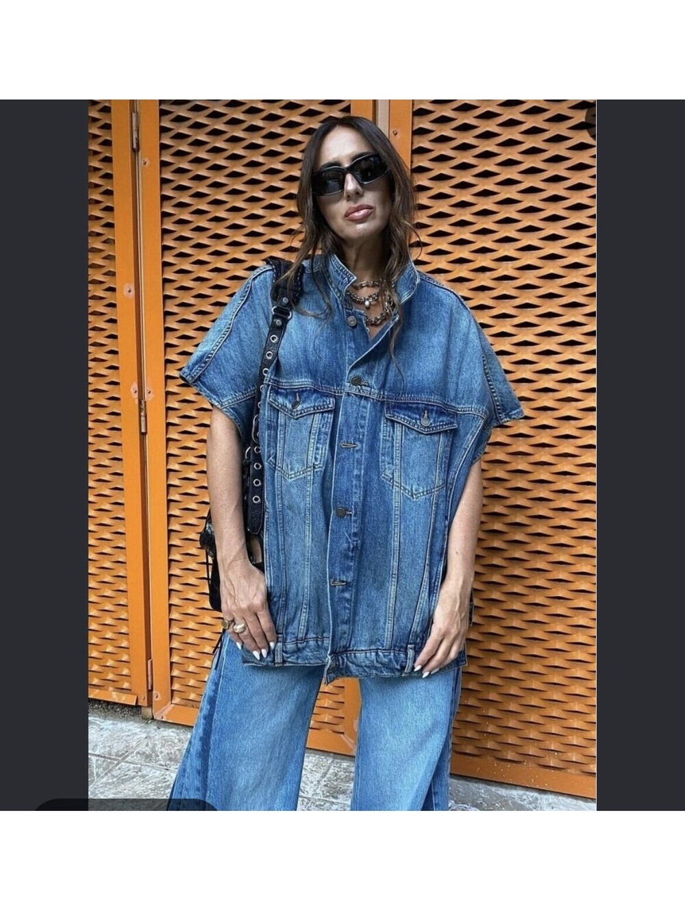 ZARA Oversized Denim Jacket Short Sleeve Poncho Cape Shacket M Wash Blue